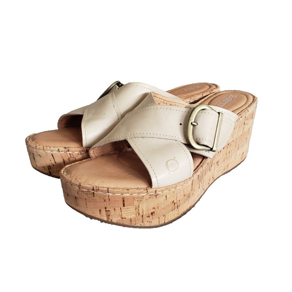 Born Devona Wome Sz 9M Sandal Beige Leather Slip On Wedge Comfort Platform Shoes